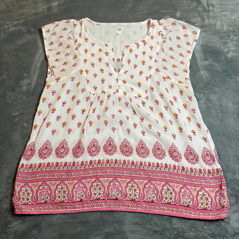 Gap Split Neck Cap Sleeve Floral Boho Print Top Blouse Size S Colorful Festival